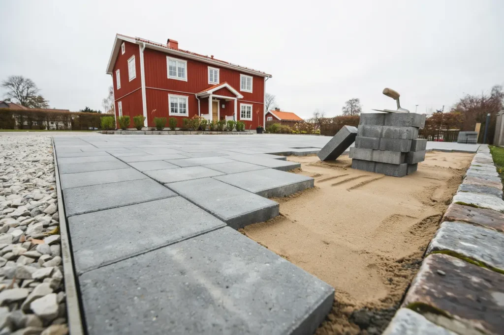 stens ttning p uppfarten underarbete fogsand och sk tsel som ger ett h llbart resultat